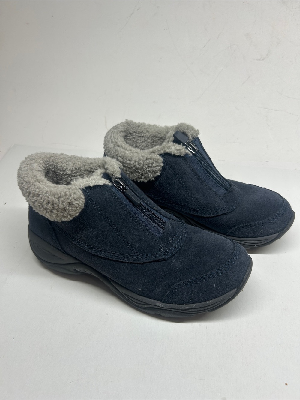 Easy Spirit Navy Suede Ankle Booties with Gray Faux-Sherpa Collar
